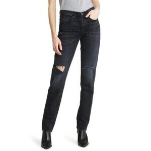 Edwin Cai straight leg jeans Manic black button fly distressed knee women new 28